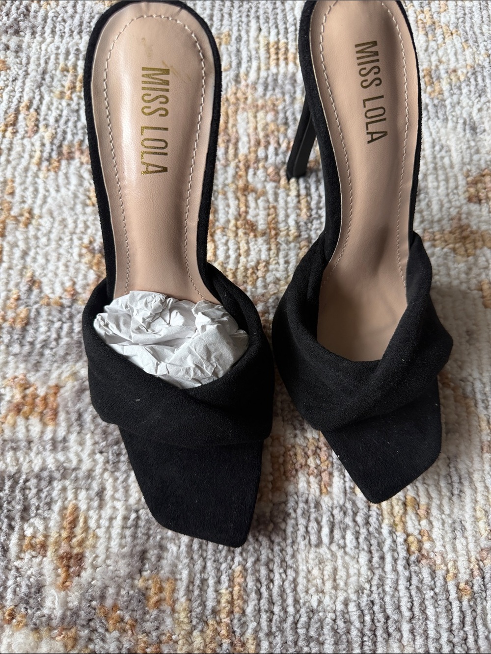 Miss Lola Black Twisted Strap Square Toe Mule Heels